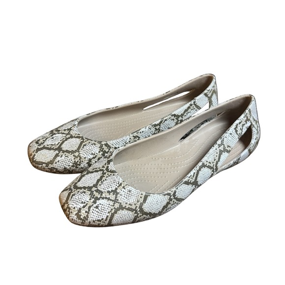 CROCS Shoes - CROCS Sloane Snakeskin Square Toe Ballet Flats Women's Size 10 Tan Gray White